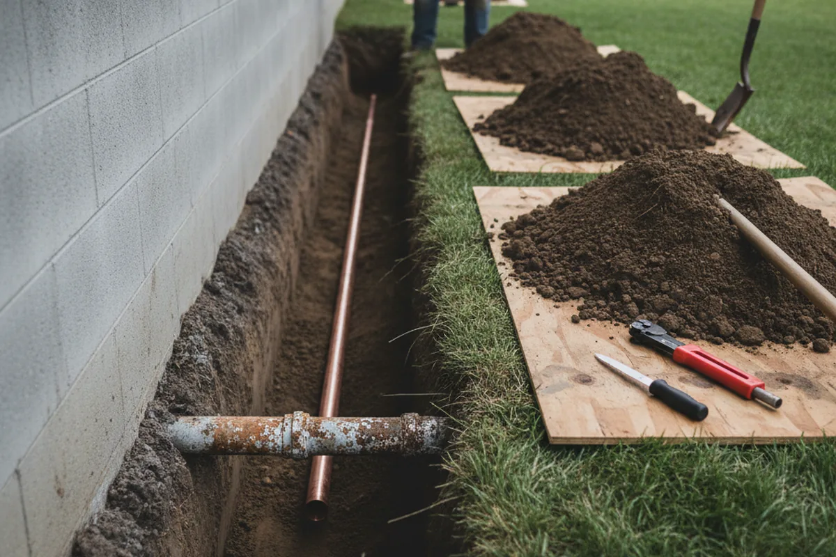 Excavated water line trench during Sewer Line Repair in Telogia